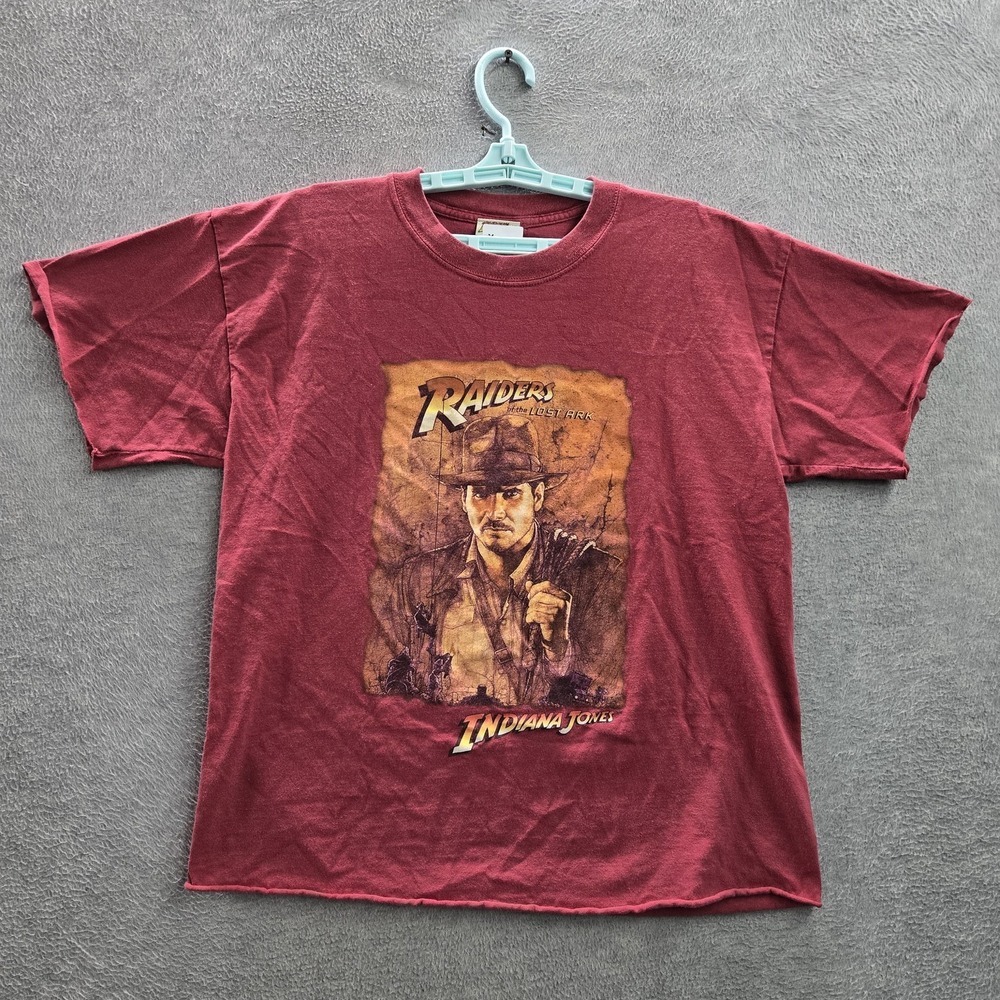 VINTAGE Indiana Jones Men Shirt L Red Graphic Raiders Of The Lost Ark Y2K READ